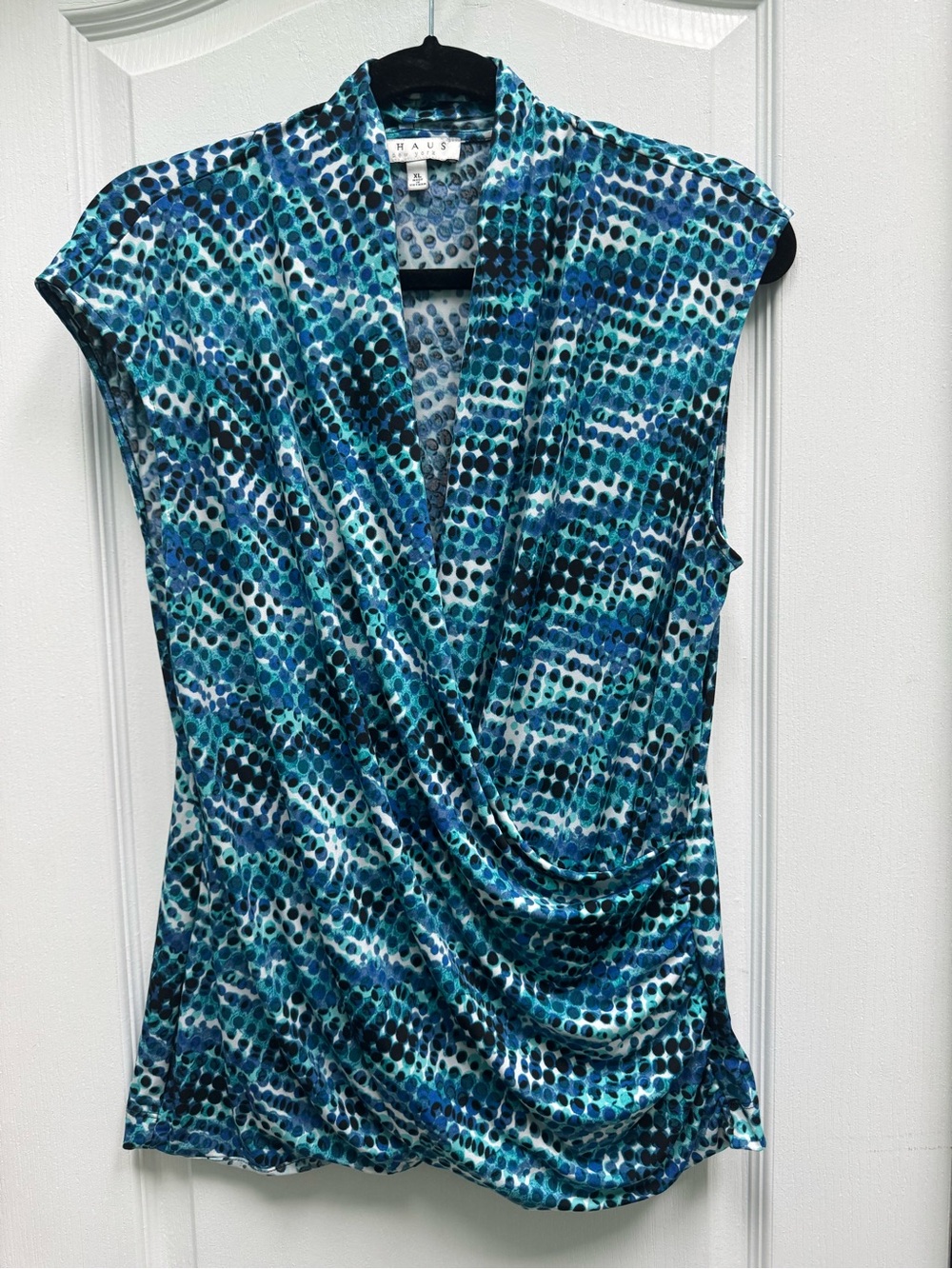 Chaus Blue Teal Abstract Dot Draped Sleeveless Top -